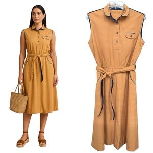 Vintage 70s Collared Midi Dress Size 12 14 Sleeveless Cotton Orange Tan Navy